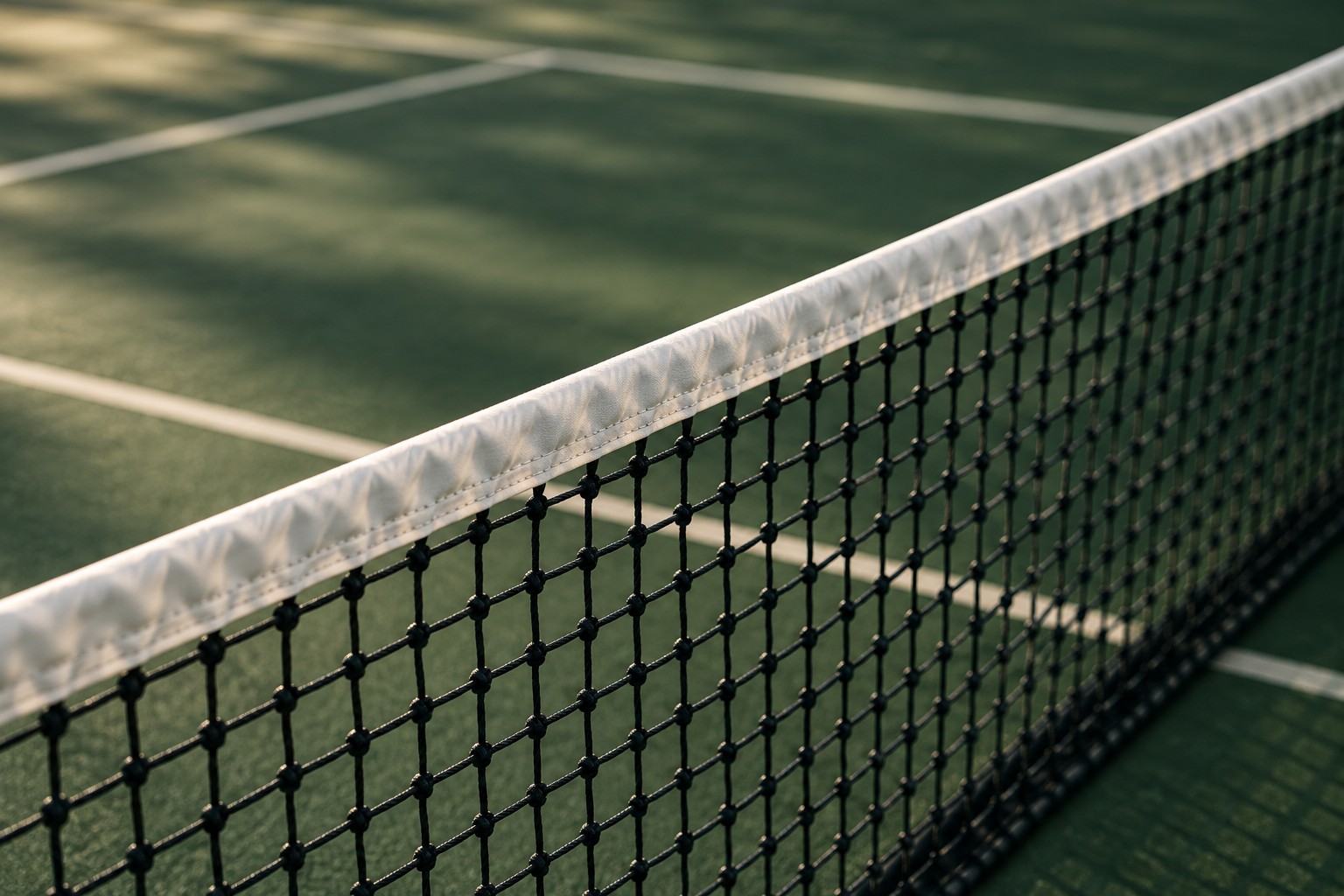 Close-up of a tennis net on a green court